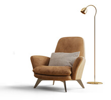 Leather Armchair With Pillow And Floor Lamp