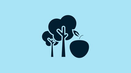 Sticker - Blue Tree with apple icon isolated on blue background. Agricultural plant. Organic farm product. Gardening theme. 4K Video motion graphic animation