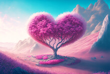 Heart Shaped Pink Tree In A Romantic Landscape - Generative AI