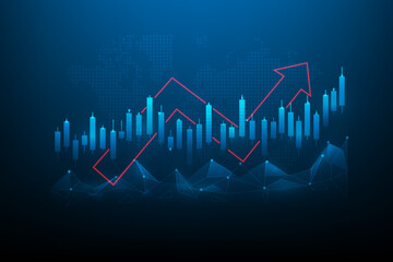 Wall Mural - business stock graph increase with arrow up technology. investment graph growth on blue dark background. stock market trading success. candlestick arrow income economy increase. vector illustration.