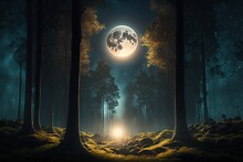 Forest With Moonrise Between The Trees Evening Sky Moon. Generative Ai