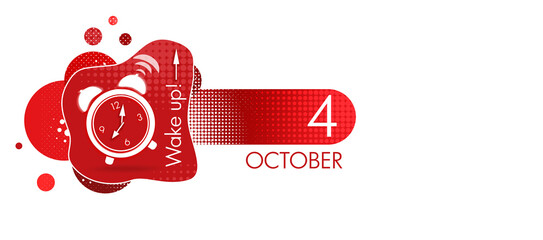 Wall Mural - October 4th. Day 4 of month, Calendar date. White alarm clock on red background with calendar date. Concept of time, deadline, time to work, morning. Autumn month, day of the year concept.