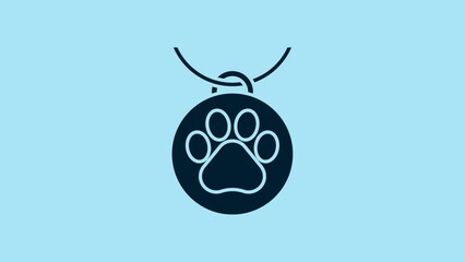 Poster - Blue Collar with name tag icon isolated on blue background. Supplies for domestic animal. Dog or cat paw print. Cat and dog care. Pet chains. 4K Video motion graphic animation