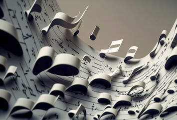 Abstract graphic of three dimensional notes on a  music sheet. AI generated illustration.