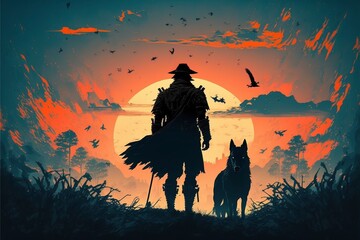 Abstract silhouette of samurai warrior with his wold walking into the sunset, illustration, AI generative