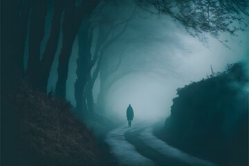 Wall Mural - A man walking alone on a trail in the middle of the forest, alone and lonely. The dark, gloomy, and foggy surroundings is a perfect setting for a horror scene.