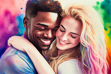 Happy loving international couple, happy black man hugging beautiful white woman, ai illustration