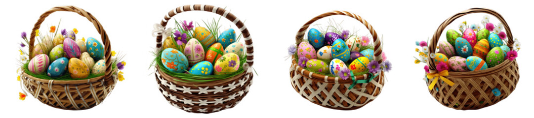 Easter basket with hand painted eggs multicolored and spring flowers on a transparent or white background