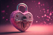 A Heart-shaped Lock And Key On A Pink, Glittery Background - A Symbol Of Love Being Locked In Forever