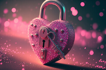 a heart-shaped lock and key on a pink, glittery background - a symbol of love being locked in foreve