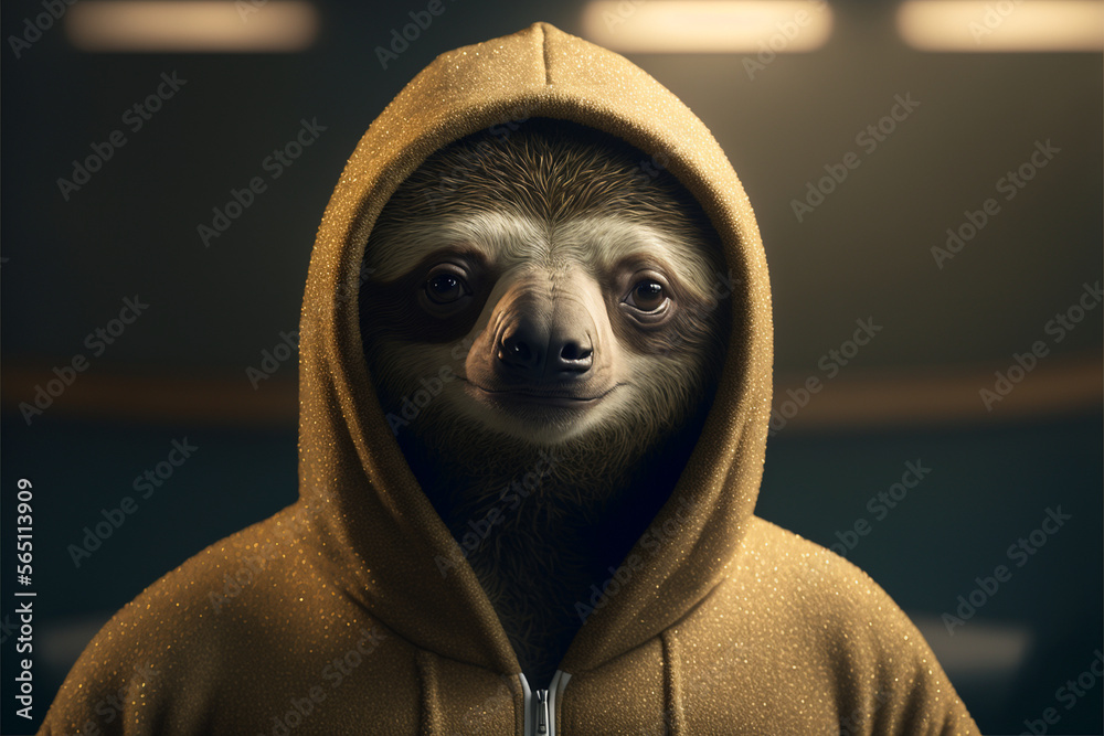 Portrait of a sloth in an orange tracksuit, anthropomorphic animal ...
