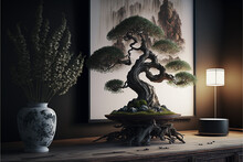 Bonsai Tree On Table Between Vase And Lamp