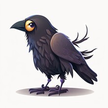  A Black Bird With Yellow Eyes Standing On One Leg And Looking Up At The Sky With A White Background And A Shadow Of The Bird On The Ground, With A White Background, With.  Generative Ai
