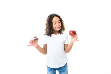 Wall Mural - Child girl with Cupcake and apple on white background