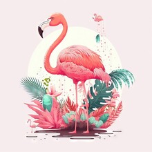  A Pink Flamingo Standing In A Tropical Setting With Palm Leaves And Flowers Around It, With A Pink Background And A White Circle With A Pink Background With A Pink Flamingo In The.  Generative Ai