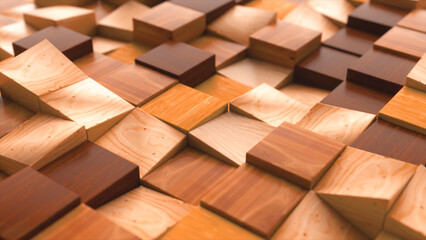 abstract concept. wooden rectangular shapes move up and down. wooden block. mosaic. 3d illustration