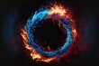 Abstract fire and water fiery circle on a black background. Ice and fire circling frame on black