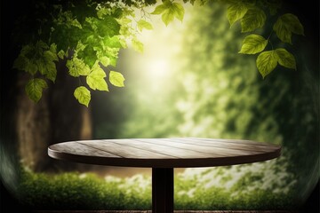 Nature background and table wood for product display template, Empty wooden table and sack tablecloth over blur green tree at park, garden outdoor with bokeh light background