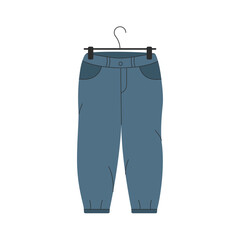 Stylish jeans pants on hanger. Cartoon classic unisex clothes, female male casual fashion apparel. Vector illustration