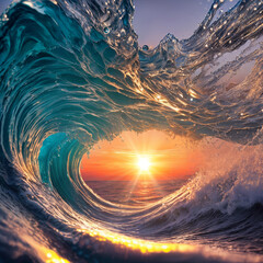 Fototapete - Beautiful sunset wave vibrant translucent color nice clear water splashes with foam and drops