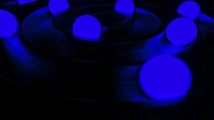 Poster - Animation with glowing balls moving in 3d rings. Desing. Circles with rotating 3d balls glowing in dark. Glowing balls move in circles