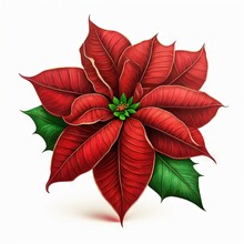  A Red Poinsettia With Green Leaves On A White Background With A Green Center Piece In The Center Of The Image Is A Green Stem And A Red Leafy, With A.  Generative Ai
