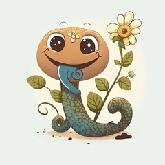  a cartoon character holding a flower and smiling for the camera with a smile on his face and a flower in his hand, with a white background with a yellow flower and a blue border.  generative ai