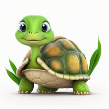  A Cartoon Turtle With A Green Shell And A Yellow Shell With A Blue Eye And A Green Leaf On Its Back, With A White Background, With A Clipping Area For Text Area For.  Generative Ai