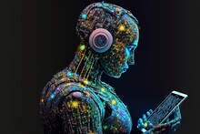  A Woman With Headphones On Holding A Tablet Computer In Her Hands And Looking At It With A Glowing Pattern On Her Body And Headphones On Her Head, With A Black Background Of.  Generative Ai