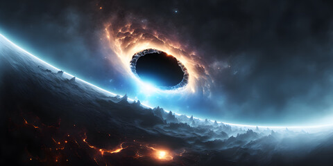 Wall Mural - Black Hole in Space destroying a planet system, panorama fantasy galaxy background, Illustration generative ai 