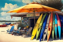  A Bunch Of Surfboards Are Stacked Up On A Beach Near A Small Store With A Yellow Umbrella Over It And Chairs And A Table With A Yellow Umbrella.  Generative Ai