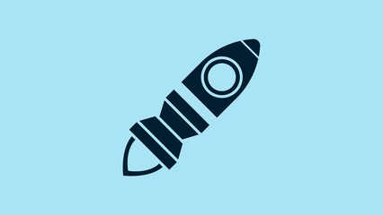 Sticker - Blue Rocket ship with fire icon isolated on blue background. Space travel. 4K Video motion graphic animation