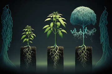  a group of plants with roots and leaves growing out of them, with a dark background, with a blue sky and a black background.  generative ai