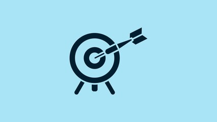 Sticker - Blue Target with arrow icon isolated on blue background. Dart board sign. Archery board icon. Dartboard sign. Business goal concept. 4K Video motion graphic animation