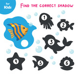 Fototapeta  - Mini game for children. find the correct shadow for the fish. learning fun