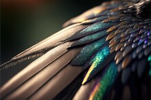  A Close Up Of A Feather With A Green And Blue Pattern On It's Wings And A Black Background With A Blurry Light.  Generative Ai
