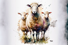 Portrait Of A Group Sheeps In Aquarelle Style, Ai Generated