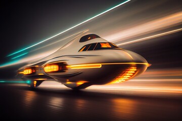 Wall Mural - Retro-futuristic spaceship flying on high speed, blurred motion and light trails. Generative art