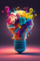 Wall Mural - bright idea and creative thinking, a colorful glowing idea bulb lamp, visualization of brainstorming, generative ai