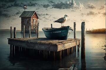 Poster -  a bird sitting on a boat on a dock with a house in the background and birds flying around it in the air above the water.  generative ai