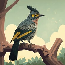  A Bird With A Yellow Beak Sitting On A Branch In A Tree With Leaves And Sky In The Background With Clouds And Sun Shining Through The Branches, With A Yellow Eyeball In The.  Generative Ai