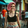 hyper realistic photography 8k street teenage girl in short crop top full body smiling authentic pink hair 