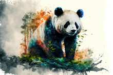Portrait Of A Panda Bear In Aquarelle Style, Ai Generated