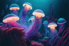  A Group Of Jellyfish Swimming In A Blue Sea With Pink And Purple Lights On Them And A Coral Reef In The Background With A Starfish.  Generative Ai