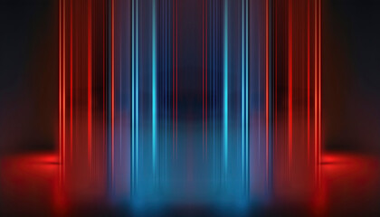 Wall Mural - Futuristic neon empty podium stage, light reflection in water, blue and red neon, bright rays and lines, abstract background. 3D illustration