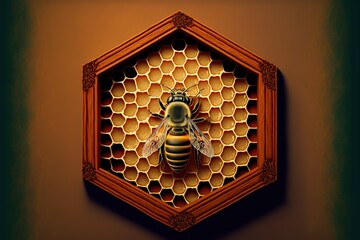 Wall Mural -  a bee is sitting in a honeycomb on a wall with a green background and a brown frame with a honeycomb on it, with a bee in the center of the middle.  generative ai