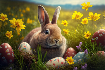 Wall Mural - easter bunny and easter eggs on a meadow, generative ai