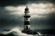  A Lighthouse In The Middle Of A Stormy Ocean With A Dark Sky Above It And A White And Black Lighthouse On Top Of A Rock.  Generative Ai