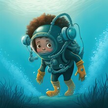  A Cartoon Character In A Diving Suit And Boots Diving In The Ocean With A Scuba Mask On And A Scuba Tube In His Hand, With A Scuba Gear On His Head And A Blue.  Generative Ai