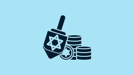 Canvas Print - Blue Hanukkah dreidel and coin icon isolated on blue background. 4K Video motion graphic animation